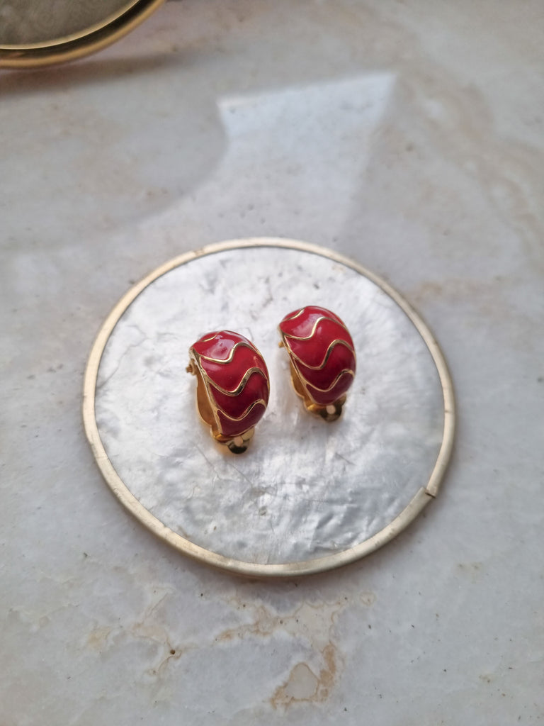 Vintage red enamel clip on earrings