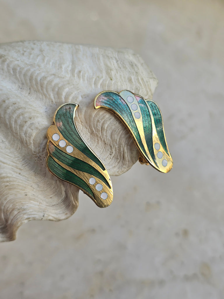 Vintage green enamel clip on earrings